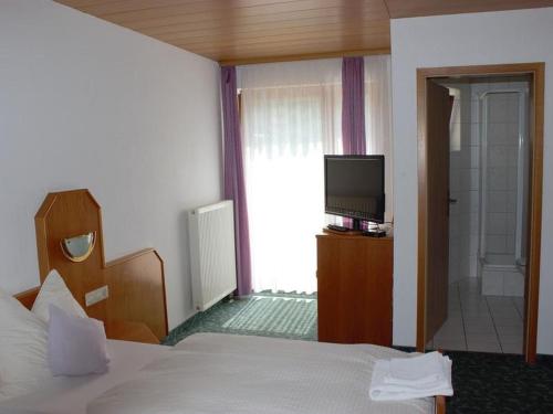 um quarto de hotel com uma cama e uma televisão em Hotel Garni Silberdistel em Nenningen