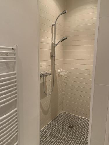 ein Bad mit einer Dusche und einer Glastür in der Unterkunft Au Plaisir d Etape- Gîte touristique Condom in Condom
