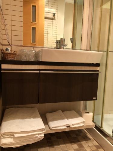 a bathroom with a sink and a shelf with towels at Apartamentos Albariño in Vegadeo