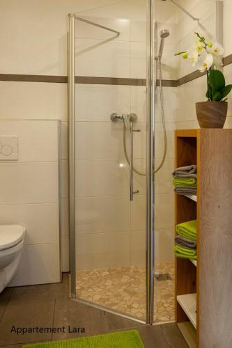 a shower with a glass door in a bathroom at Appartement Lara & Lea in Zell am Ziller
