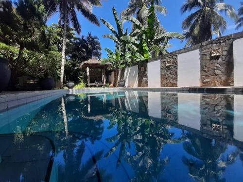 - une piscine en face d'une maison avec des palmiers dans l'établissement Guesthouse The 4 Fish, à Manado