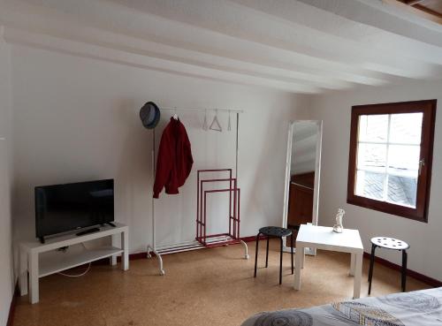 uma sala de estar com uma televisão e uma cama em Haus am Oberen Mühlenberg mit GARTENNUTZUNG em Monschau