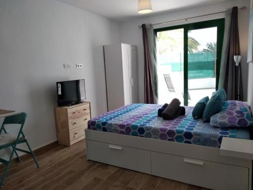 a bedroom with a bed and a tv and a window at Marina Beach-Apartamentos Tahiche in Costa Teguise