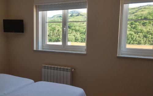 a bedroom with two windows and a bed and a television at Pensión Lemos in Tríacastela