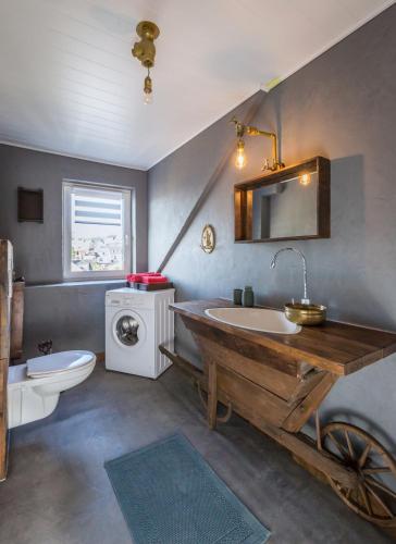 a bathroom with a sink and a washing machine at Storchennest Sankt Annen in Annaberg-Buchholz
