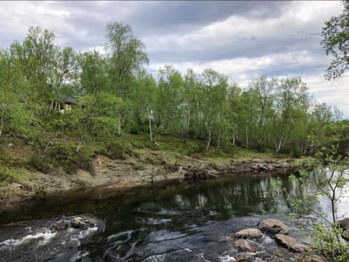 a river with trees and a house in the background at Kulpmo Gård Jarfjord-Kirkenes in Kirkenes