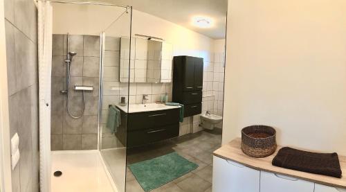 y baño con ducha y lavamanos. en Lake View Drobollach, en Villach