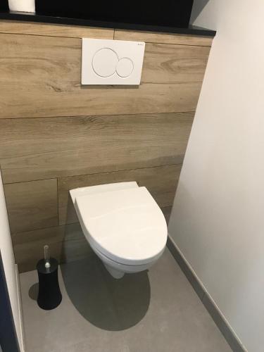 a bathroom with a white toilet in a room at Jolie Maisonnette Studio in Saint-Herblain