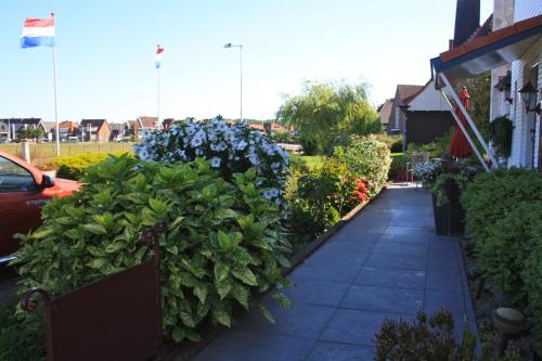 a garden with flowers and plants on a sidewalk at Villa 't Haasduin in Wijk aan Zee