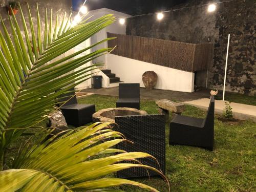 a garden with black chairs and a palm tree at Central House in Ribeira Grande