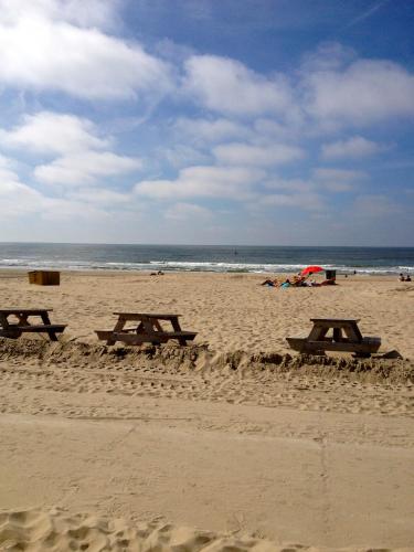 three picnic tables in the sand on the beach at Villa 't Haasduin in Wijk aan Zee