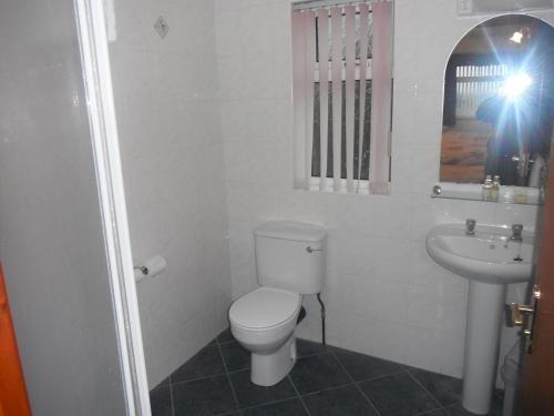 a white toilet sitting under a window in a bathroom at 5 Corners Guest Inn in Ballyclare
