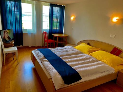 1 dormitorio con 1 cama y TV. en Hôtel Lion d'Or Romont, en Romont