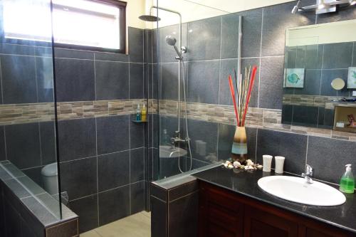 a bathroom with a sink and a shower at Casa Cataleya Bohol Self-service Apartments in Panglao Island