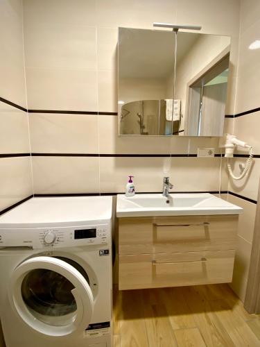 a bathroom with a washing machine and a sink at Karkle Seaside Apartments in Karklė