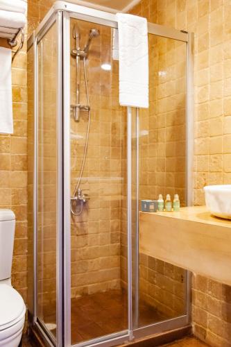 a bathroom with a shower and a toilet and a sink at ÂLÂ HAN BOUTIQUE HOTEL in Urfa