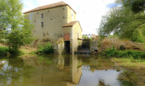 un antiguo edificio junto a un cuerpo de agua en Chambre Pasta - Moulin de Gâteau, en Saint-Pierre-les-Étieux