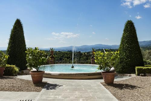 a swimming pool in a garden with two potted trees at Palagina la dimora in Figline Valdarno
