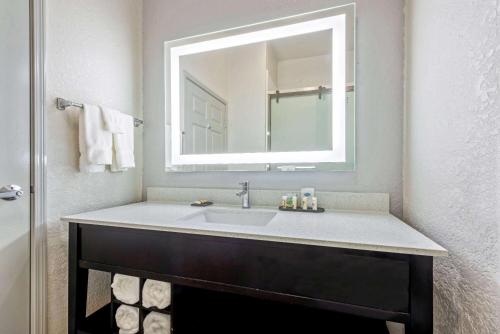 a bathroom with a sink and a mirror at La Quinta Inn & Suite Kingwood Houston IAH Airport 53200 in Kingwood