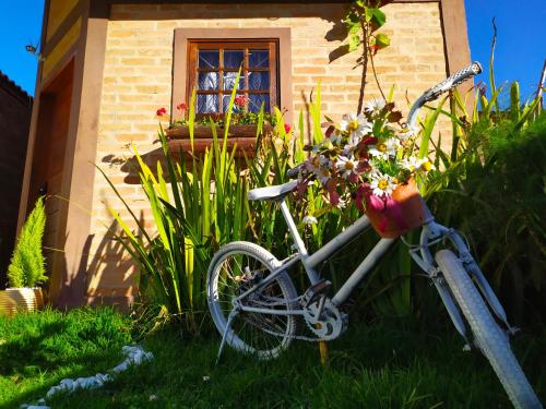 a bike parked in the grass in front of a house at Canquerini Chalés in Monte Verde