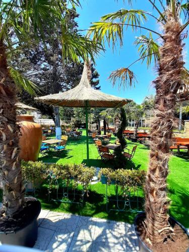 a garden with a large umbrella and chairs and a palm tree at Hotel Venus in Venus