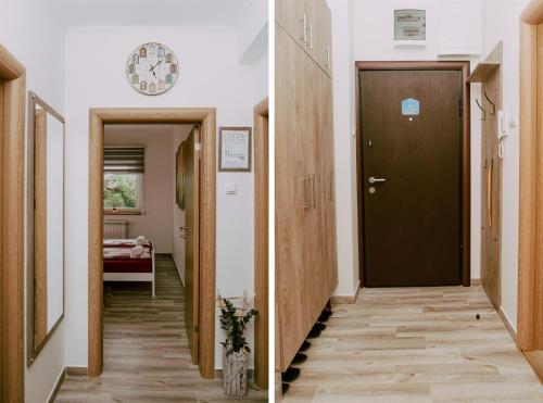two pictures of a hallway with a door and a room at Apartment Rea in Subotica