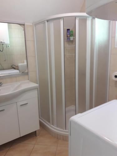 a white bathroom with a shower and a sink at Širovnik Apartment in Begunje na Gorenjskem