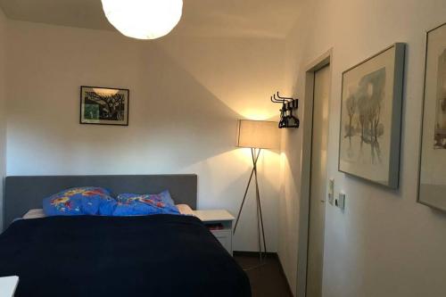 um quarto com uma cama, um candeeiro e uma luz em Altenauer Waldfrische em Altenau