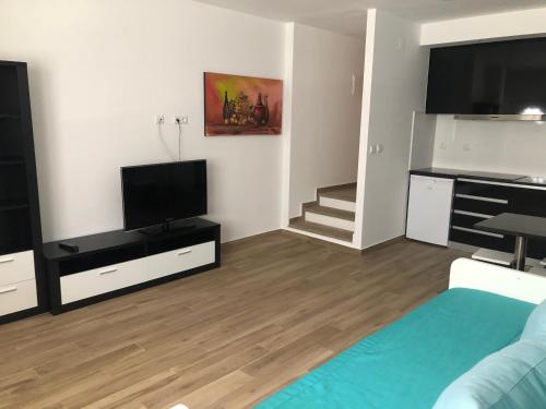 a living room with a flat screen tv and a bed at SOLAR DA SERRA-GuestHouse in Mangualde