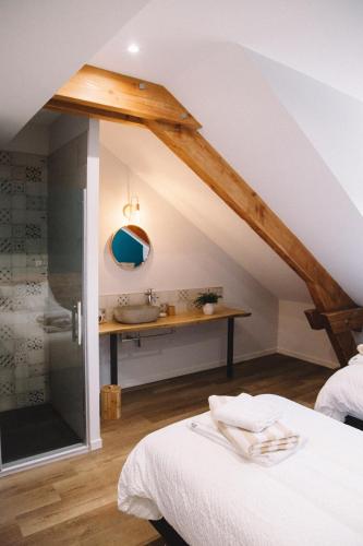 a bathroom with a shower and a sink in a attic at L'Argalyde Esprit Pyrénées Wellness & Cycling in Ayzac-Ost