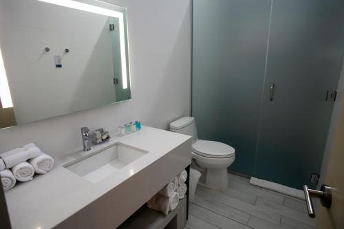 a bathroom with a sink and a toilet and a mirror at Trópica Beach Hotel in San Juan