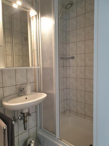 a bathroom with a sink and a shower at Ferienwohnung Einfeld in Neumünster