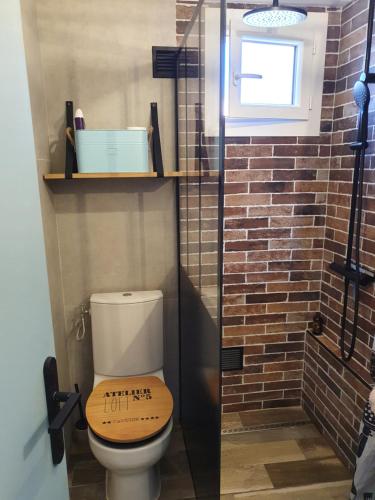 La salle de bains est pourvue de toilettes et d'un mur en briques. dans l'établissement Studio accès direct à la plage, à La Londe-les-Maures