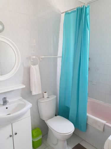 a bathroom with a toilet and a blue shower curtain at Sea Anemone Apartments in Paphos City