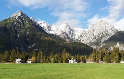 een groot groen veld met bergen op de achtergrond bij Ferienwohnungen Panoramablick in Sankt Ulrich am Pillersee