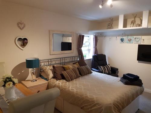 a bedroom with a bed and a couch and a television at The little garden hoose in Inverness