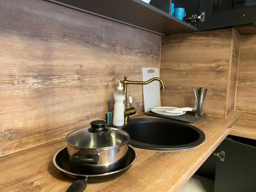 a kitchen sink with a pot on top of it at Boutique Magenta Gold Apartment in Sofia