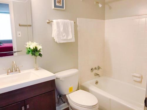 a bathroom with a toilet and a sink and a bath tub at Downtown Apartment convenient to all city venues 105 in Greensboro