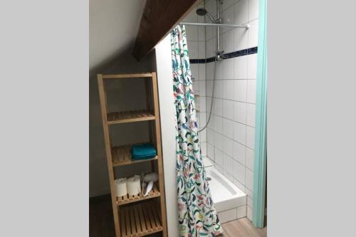 a bathroom with a shower curtain and a tub at Petite maison à la campagne in Couvin