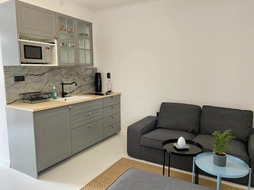 a living room with a couch and a kitchen at P&P APARTMÁNY Bojnice in Bojnice