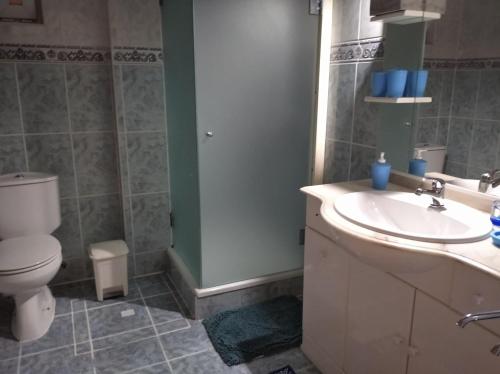 a bathroom with a toilet and a sink at Casa do Cascão in Louredo