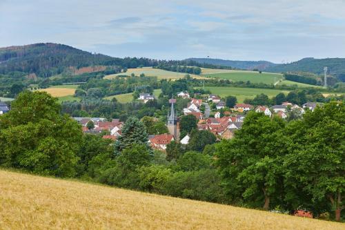a town on a hill with a field and trees at VR-Serviced Apartments Obergeis in Neuenstein