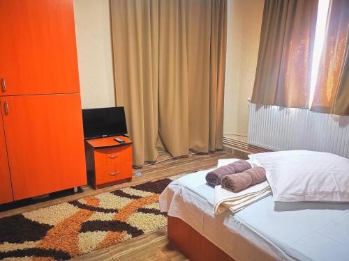 - une chambre avec un lit, un bureau et une télévision dans l'établissement Casa Petrescu, à Curtea de Argeş