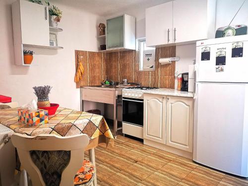Il comprend une cuisine équipée d'une table et d'un réfrigérateur blanc. dans l'établissement Casa Petrescu, à Curtea de Argeş