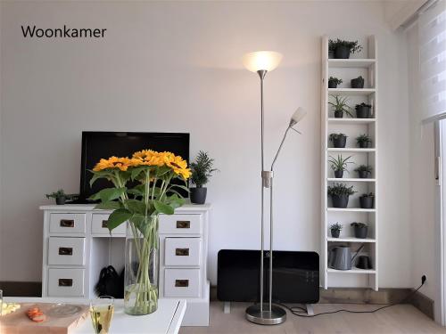 een woonkamer met een televisie en een vaas met bloemen bij L Ô in Oostende