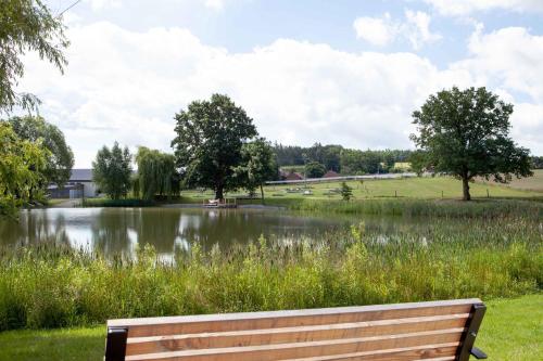a park bench sitting in front of a lake at Equitana Hotel Resort in Březnice