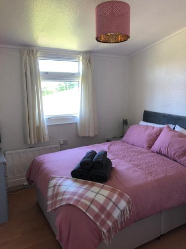 um quarto com uma cama com lençóis cor-de-rosa e uma janela em Chalet18 em Carmarthen