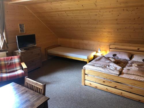 Habitación con cama y TV en una cabaña en Kubovka 63, en Kubova Huť