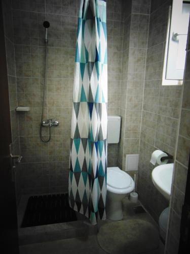 a bathroom with a shower with a toilet and a sink at Casa Albatros in Eforie Nord
