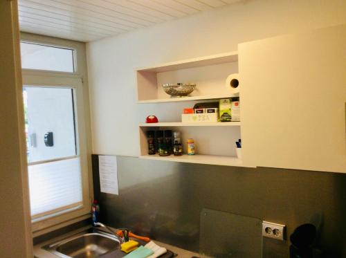 una cocina con fregadero junto a una ventana en Appartement 51, en Schwäbisch Hall